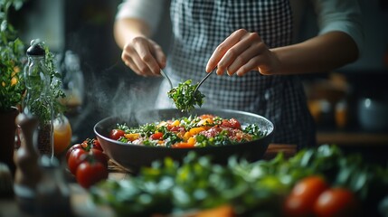 Poster - Person in a modern dining area preparing a detox meal with a focus on calorie control and health