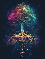 A vibrant, multi-colored tree with glowing roots and geometric patterns against a dark background.