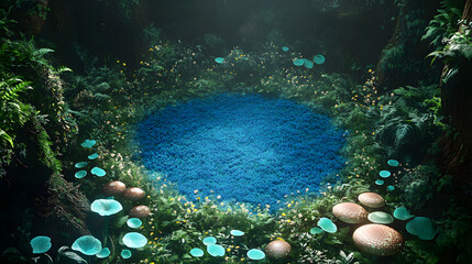 Wall Mural - Lush blue forest area, forest mushroom fairy circle top down view