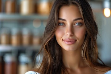 Wall Mural - Woman 38 years old. Chef Healthy food restaurant. Mixed race. Long brown hair. Round eyes. Full lips. Tanned skin. In the background.