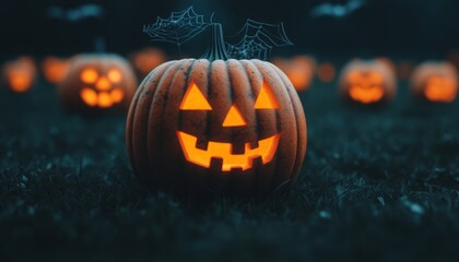 A spooky Halloween scene featuring glowing jack-o'-lanterns in a dark field.