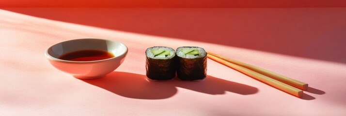 Poster - Delicious sushi rolls featuring fresh cucumber are elegantly placed beside a bowl of soy sauce and chopsticks on a vibrant backdrop. Generative AI