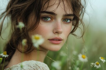 A young Caucasian woman with expressive green eyes surrounded by wildflowers, exuding a serene and natural beauty.