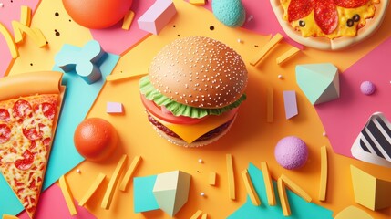 Poster - Stylized fast food elements, including burgers, pizza, and fries, are creatively arranged on a colorful, geometric background. Generative AI