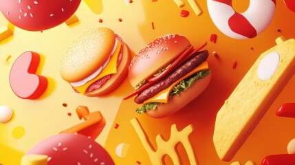 Poster - Brightly colored abstract icons of burgers, pizza, and fries are arranged creatively against an energetic background, enhancing visual appeal. Generative AI