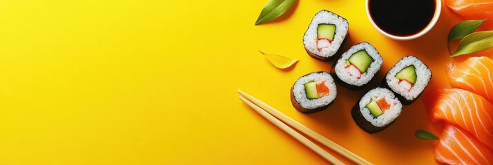 Poster - Fresh sushi rolls featuring crisp cucumber and salmon, paired with soy sauce and chopsticks on a vibrant yellow backdrop. Generative AI