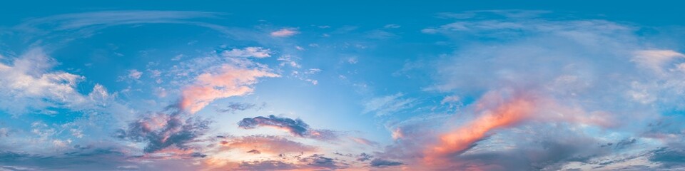 Wall Mural - sunset sky panorama with bright glowing pink cumulus clouds. hdr 360 seamless spherical panorama. fu