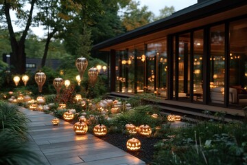 A cozy home set against a scenic backdrop, featuring a pathway lined with glowing jack-o'-lanterns, creating a warm and inviting Halloween atmosphere for all.