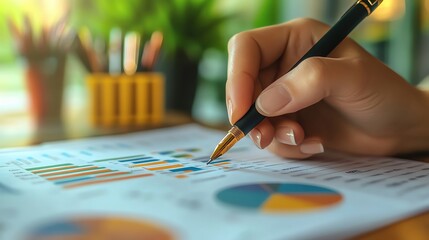 A hand holding a pen over a document filled with charts and graphs, symbolizing analysis and planning.