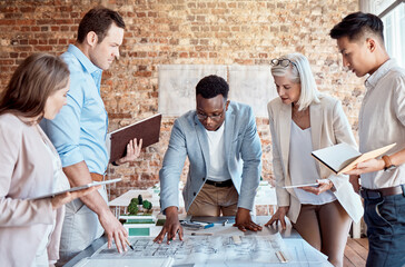 Wall Mural - Architecture, blueprint and business people in meeting for planning, property development and building. Teamwork, collaboration and men and women in office with documents, floorplan and design