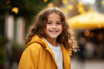 childhood, fashion and people concept - smiling little girl in yellow raincoat over street background