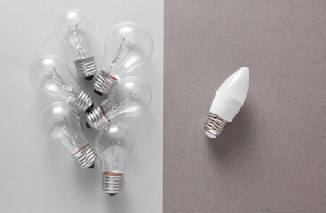 LED and ncandescent light bulbs on gray background. Energy saving