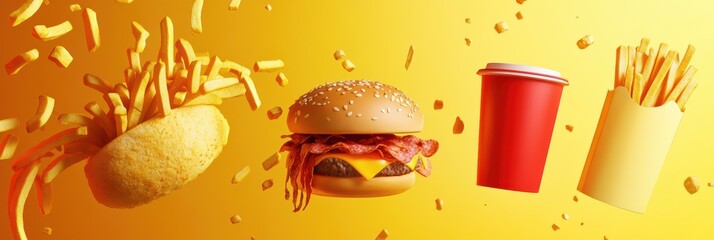 Poster - Colorful and abstract representations of fast food favorites like burgers, fries, and pizza bring energy and fun to the vibrant backdrop. Generative AI