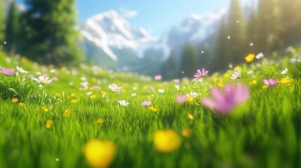 Canvas Print - Alpine Meadow with Wildflowers and Mountains in Background.