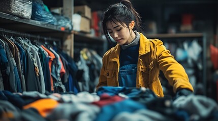 Fototapete - Person organizing clothes in a community storage area highlighting recycling and clear arrangement
