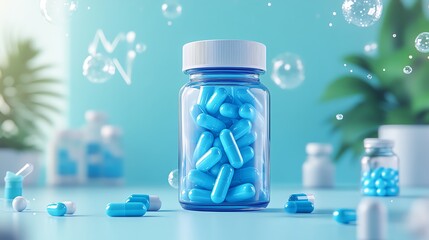 Blue capsules in a clear jar on a bright background with bubbles.