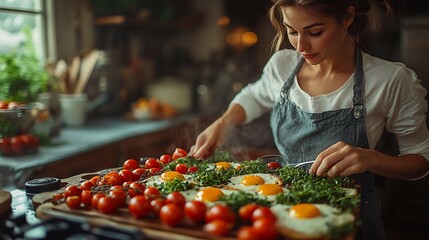 Poster - Person preparing a dietfriendly brunch with a focus on calorie control in a clean kitchen