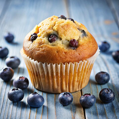 a muffin with blueberries and blueberries on a table.