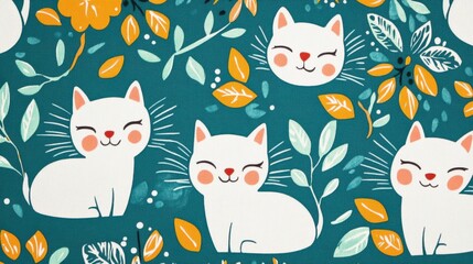 Poster - Bright and playful pattern featuring white cats on a vibrant turquoise background, ideal for pet-themed or accessories.