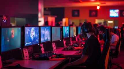 Poster - Competitive gaming space with large monitors, advanced PCs, and LED accents at an internet cafe tournament