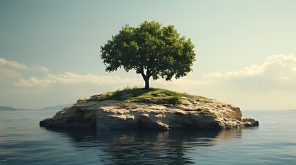 A single tree grows on a small island in a vast ocean. The sky is blue and the water is calm.