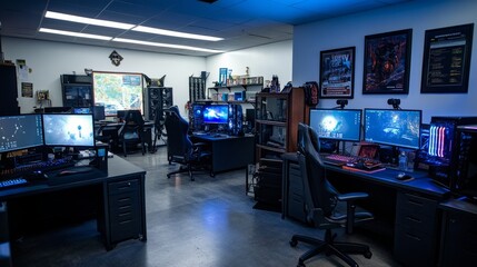 Poster - Competitive gaming space with large monitors, advanced PCs, and LED accents at an internet cafe tournament