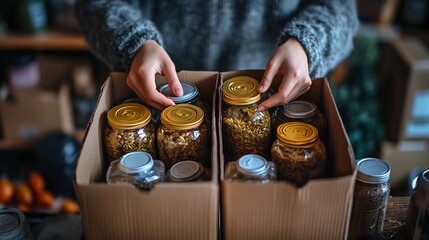 Poster - Person preparing boxes for charity with an emphasis on organization and care set against a clear background
