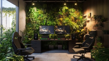 Poster - Dual-monitor setup with two gaming chairs, positioned toward a lush plant wall for an immersive environment