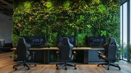 Poster - Ergonomic gaming chairs and dual screens, facing a lush green wall to create a unique and inviting environment.