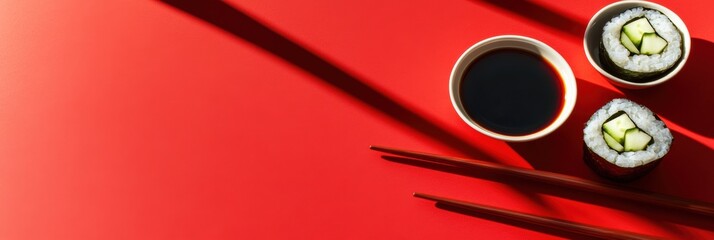 Poster - A sushi roll featuring cucumber sits alongside a bowl of soy sauce and chopsticks, all placed on a striking red backdrop. Generative AI