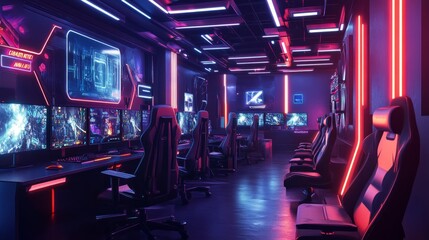 Poster - Futuristic internet cafe design with advanced gaming systems and an ongoing esports competition.