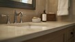 © 69 - Empty countertop in a modern bathroom setting, with clean, neutral tones, perfect for showcasing bath products or accessories.