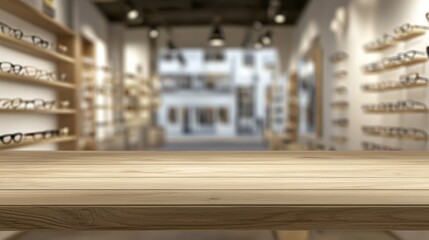 Wall Mural - Empty wooden table in a stylish eyeglasses store with shelves of frames in the blurred background, ready for retail concepts.