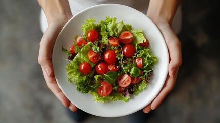 Poster - Person presenting a calorieconscious lunch plate with a focus on healthful ingredients in a minimalist space