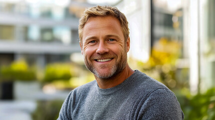 A man, smiling and looking at the camera, with blond hair and a short beard, wearing a grey sweater.