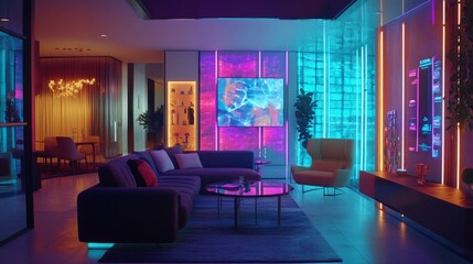 Poster - Interactive holographic display in a neon-lit modern living room, surrounded by contemporary furniture.