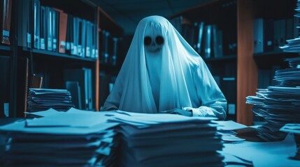 Ghost figure hunched over an office desk late at night, stacks of paperwork surrounding them, creating a spooky, late-night work atmosphere.