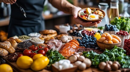 Poster - Person presenting a display of fitness food items emphasizing nourishment and health in a modern kitchen
