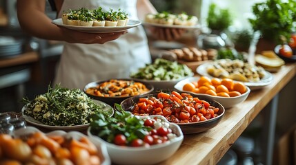 Poster - Person presenting a wellorganized brunch table featuring dietfriendly foods in a clean kitchen