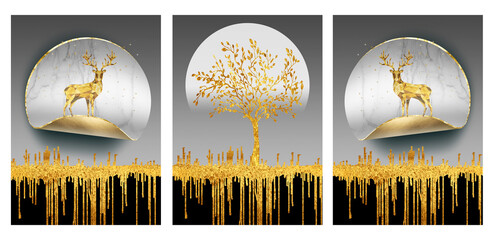 3d digital art for home decor. Golden deer and tree in black gray background. golden decorative lines and dots circles. 