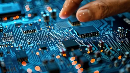 Aufkleber - In a dimly lit setting, a hand delicately interacts with a printed circuit board filled with glowing components, emphasizing its complex electronic structure.