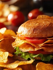 Poster - A hearty sandwich filled with fresh lettuce and tomato, accompanied by crunchy potato chips, perfect for a delightful midday meal. Generative AI