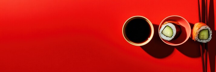 Poster - Enjoy a beautifully arranged sushi roll filled with cucumber, paired with soy sauce and chopsticks on a striking red backdrop. Generative AI