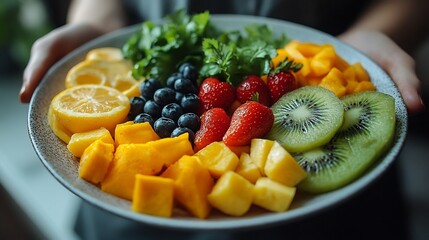 Poster - Person savoring a wellorganized breakfast plate featuring fruits and vegetables in a clean setting
