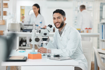 Aufkleber - Scientist, man and portrait by microscope in lab study, stats or smile for results with pride for research. Person, happy and excited for progress, pharmaceutical innovation or medicine in Costa Rica