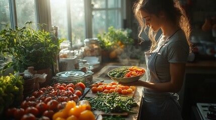 Poster - Person savoring an isolated breakfast emphasizing nourishment and fresh vegetables in a clean space