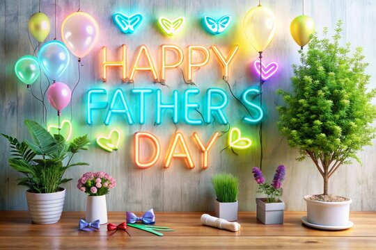 Happy Father's Day Text in Neon Style on Wall