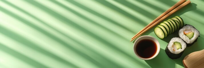 Poster - A beautifully arranged sushi roll with cucumber and a bowl of soy sauce is set against a green background with subtle shadows. Generative AI