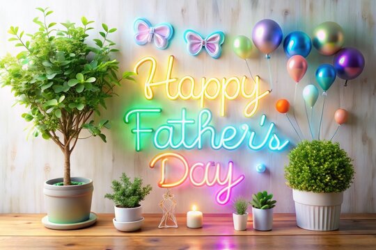 Happy Father's Day Text in Neon Style on Wall