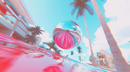 Poster - Metallic Ball Animation, a vibrant 3D render showcasing a sleek ball gliding smoothly in a captivating blend of pink and blue hues, illustrating motion and energy.